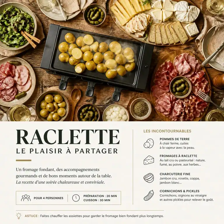 Plateau de raclette gourmand pour 10 personnes avec fromage, charcuterie et pommes de terre