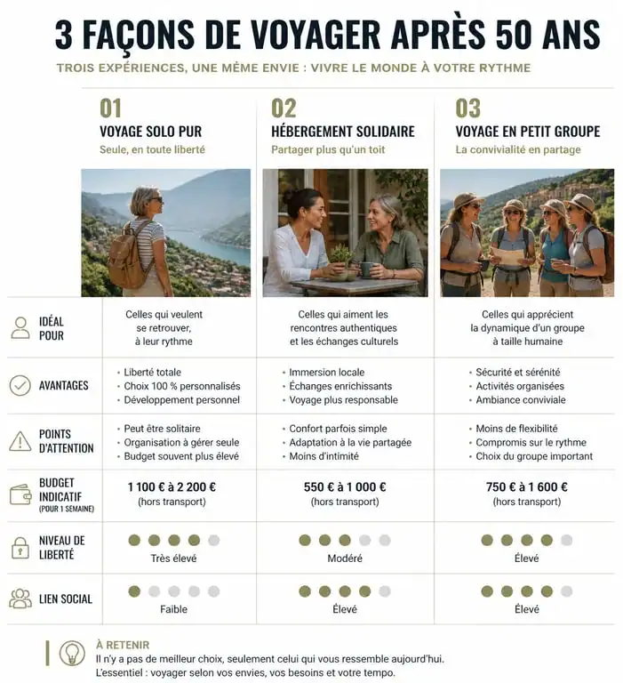 Infographie comparative des modes de voyage pour femme seule après 50 ans