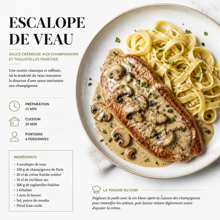 Escalope de veau à la crème et champignons avec tagliatelles, accompagnement idéal pour escalope de veau