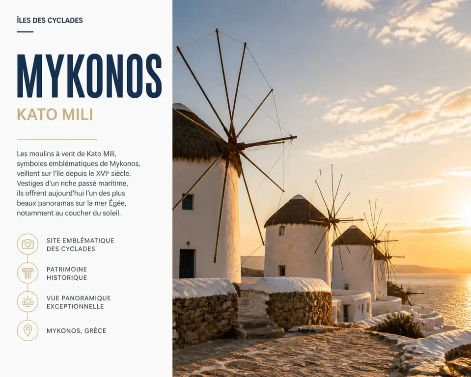 Vue panoramique des moulins de Kato Mili à Mykonos lors d'une visite de l'île