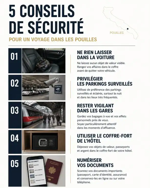 Infographie des conseils de sécurité pour un voyage dans les Pouilles