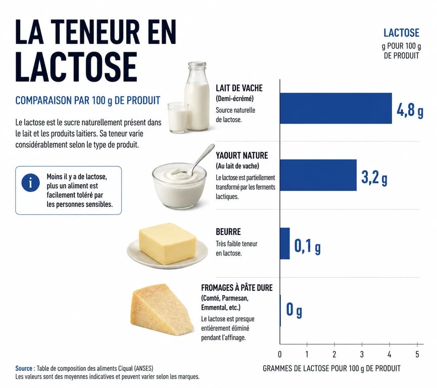 Infographie comparative de la teneur en lactose par aliment pour une alimentation sans lactose