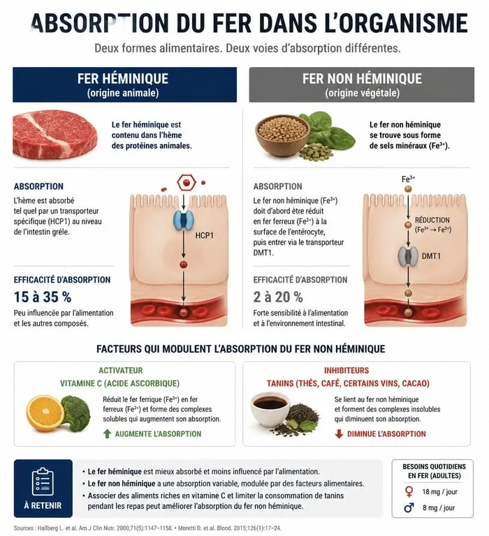 Infographie sur l'absorption des aliments riches en fer et les facteurs nutritionnels