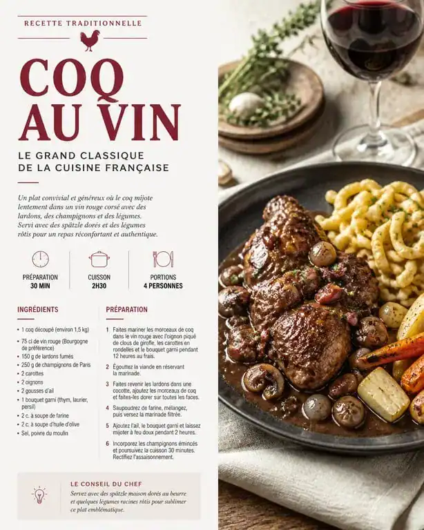 Coq au vin traditionnel avec accompagnement de spätzle et légumes racines