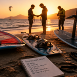 planche de kitesurf windsurf wingfoil sur plage vagues et vent