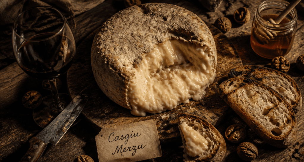 fromages corses avec vers Casgiu Merzu entamé sur planche