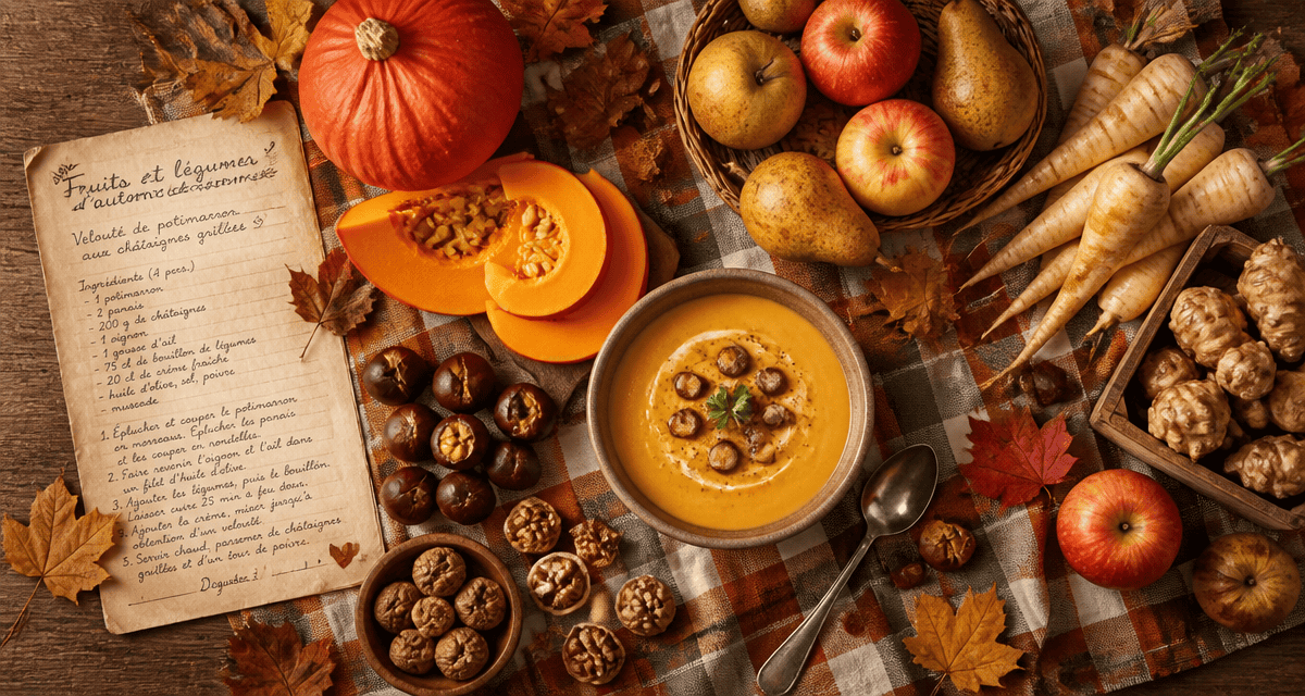 fruit et legume automne sur table en bois