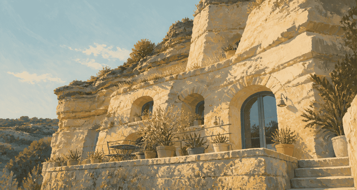 habitat troglodytique façade fenêtres terrasse