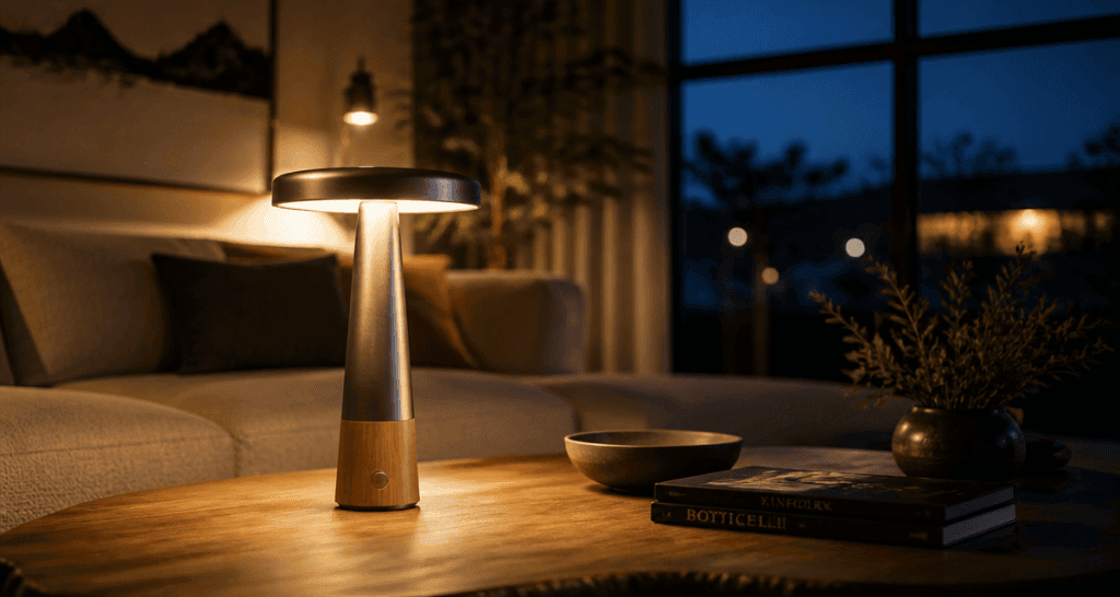 Lampe à pile sur table basse dans salon
