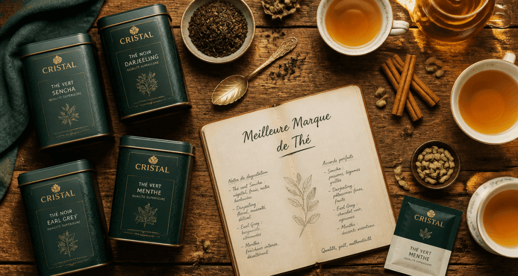 meilleur marque de thé sur table avec boîtes et tasses