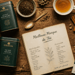 meilleur marque de thé sur table avec boîtes et tasses