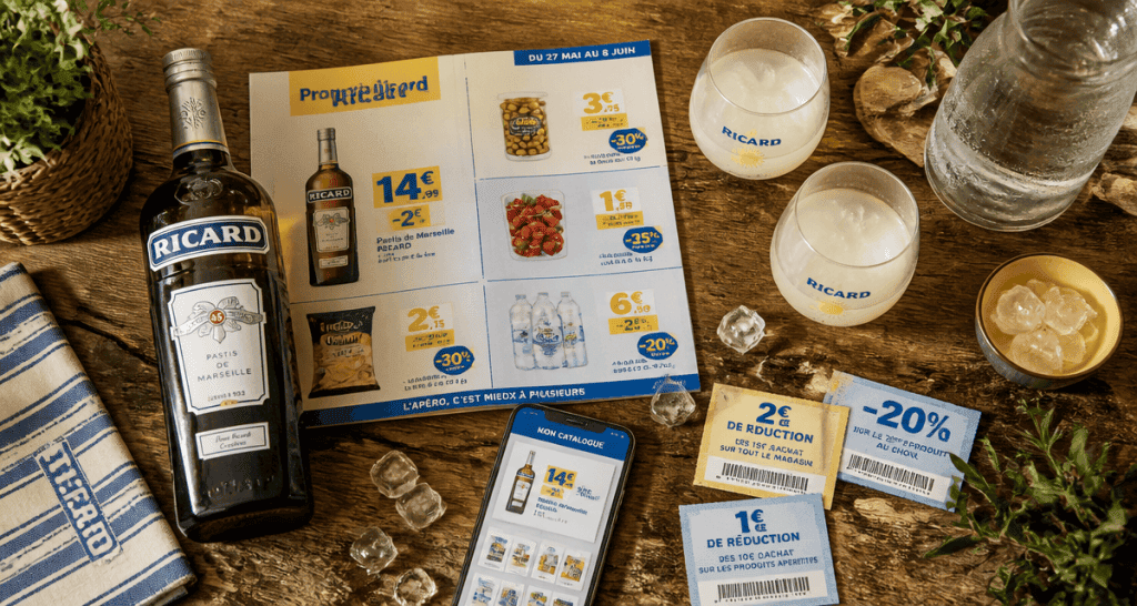 ricard en promotion cette semaine sur table avec verres et prospectus