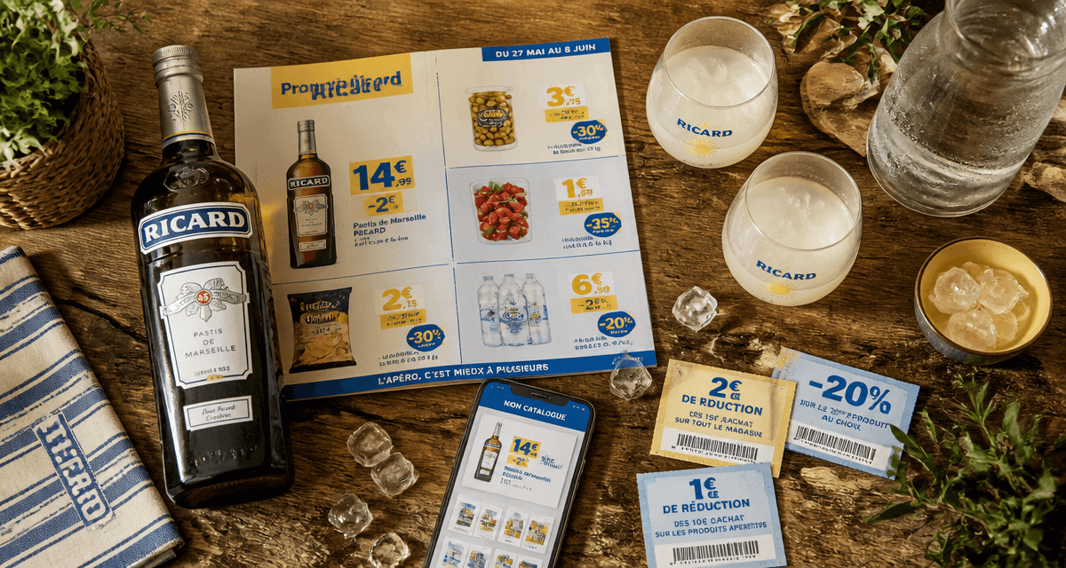 ricard en promotion cette semaine sur table avec verres et prospectus