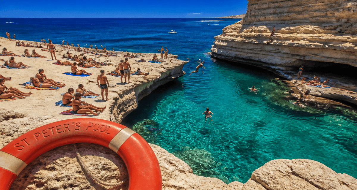 St Peter's Pool Malte baigneurs falaises eau turquoise