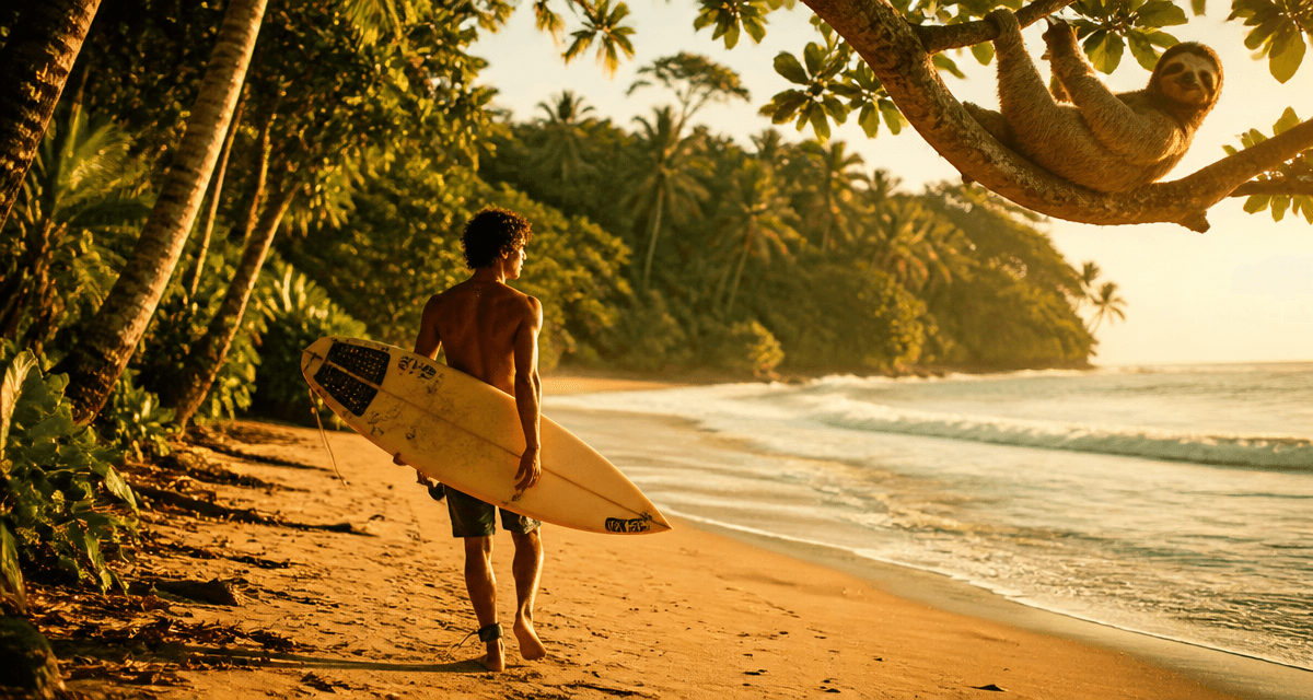 Surfeur Puerto Viejo plage jungle Costa Rica