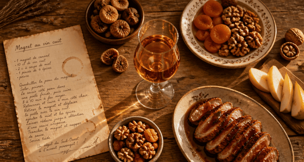 vin cuit apéritif français verre et magret sur table provençale