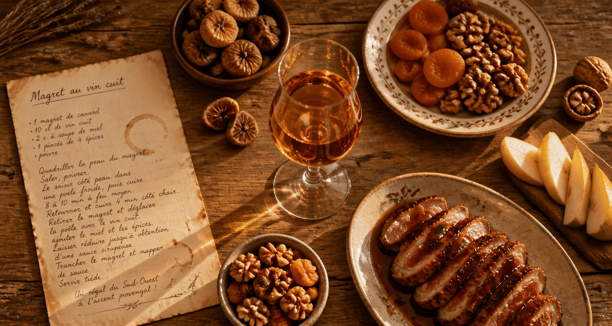 vin cuit apéritif français verre et magret sur table provençale