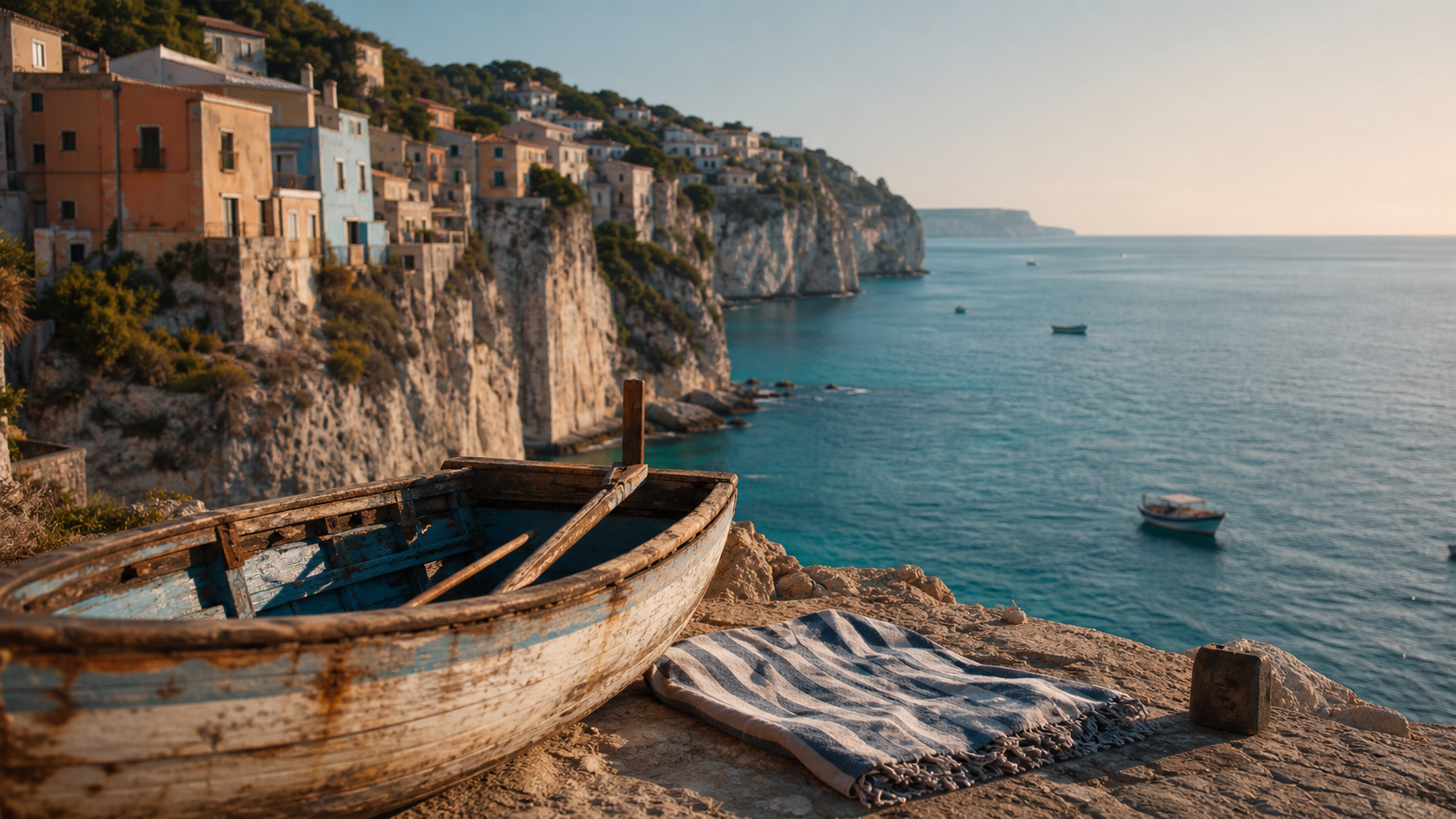 Destinations med : crique secrète méditerranéenne, barque et mer turquoise, sans foule