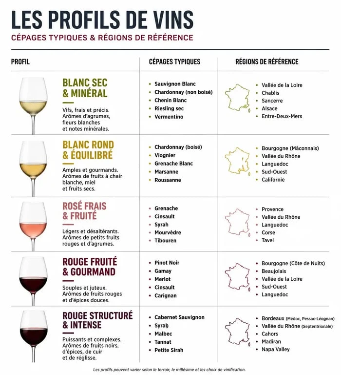 Infographie des profils de vins pour apprendre le vin : cépages et régions