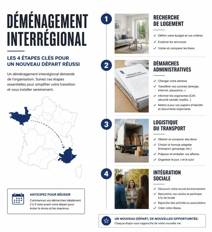 Infographie des étapes clés pour réussir à changer de region et s'installer sereinement.