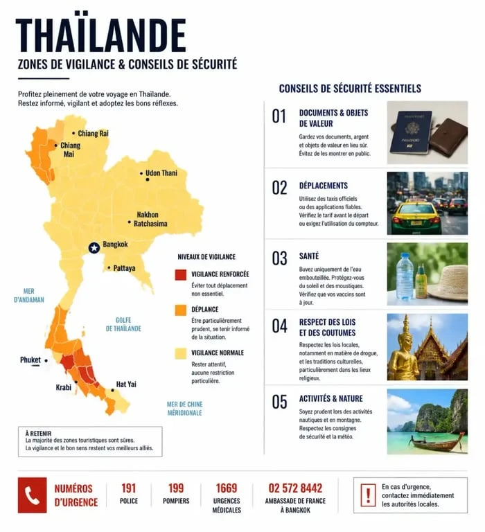 Infographie des zones à éviter en Thaïlande et conseils de sécurité pour un voyage serein