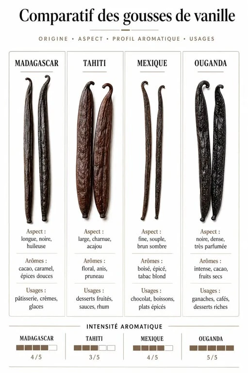 Infographie comparative des différentes variétés de gousses de vanille pour la cuisine