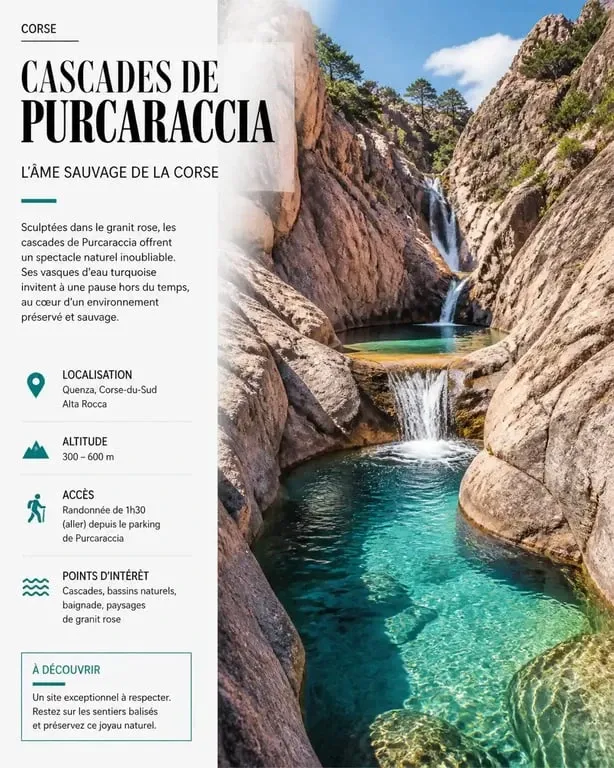 Vue panoramique des cascades de Purcaraccia en Corse, un site naturel protégé avec des vasques d'eau turquoise.