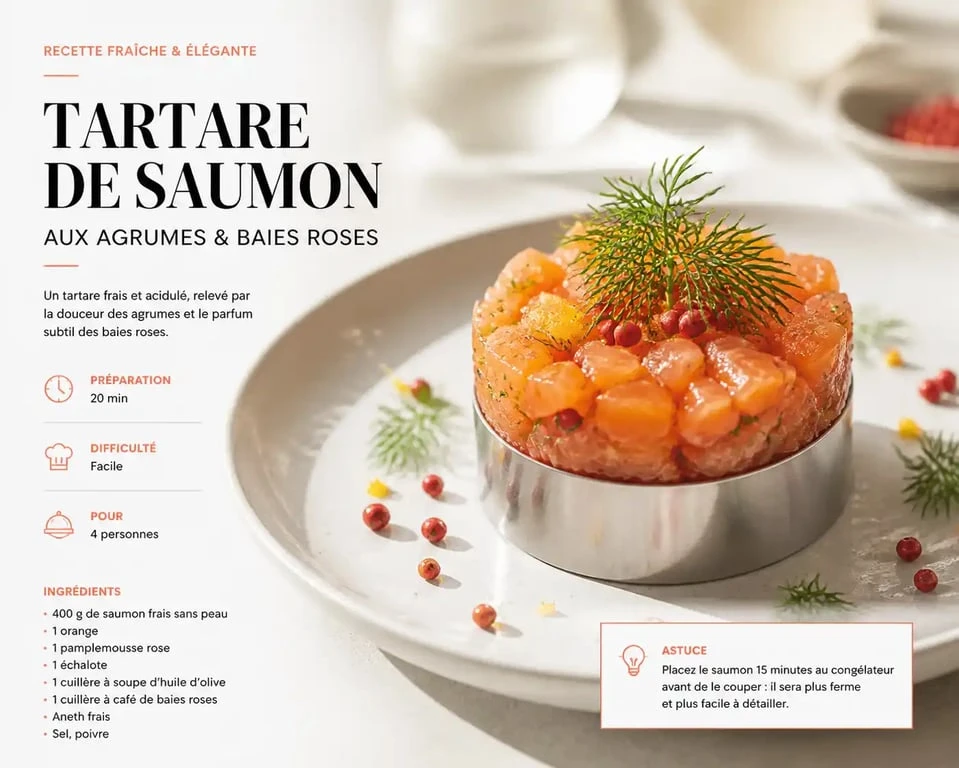 Tartare de saumon frais aux agrumes et baies roses, une idée d'entrée froide raffinée et élégante.