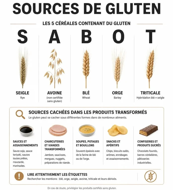 Infographie des aliments contenant du gluten à éviter pour les personnes intolérantes ou cœliaques