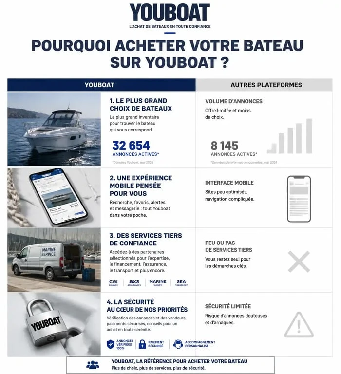 Infographie comparative des services et avantages de la plateforme Youboat pour l'achat de bateaux