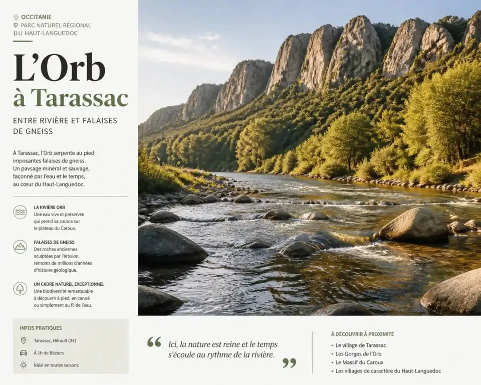 Paysage naturel de la rivière Orb à Tarassac, destination idéale pour le canoë et le camping dans le Haut-Languedoc