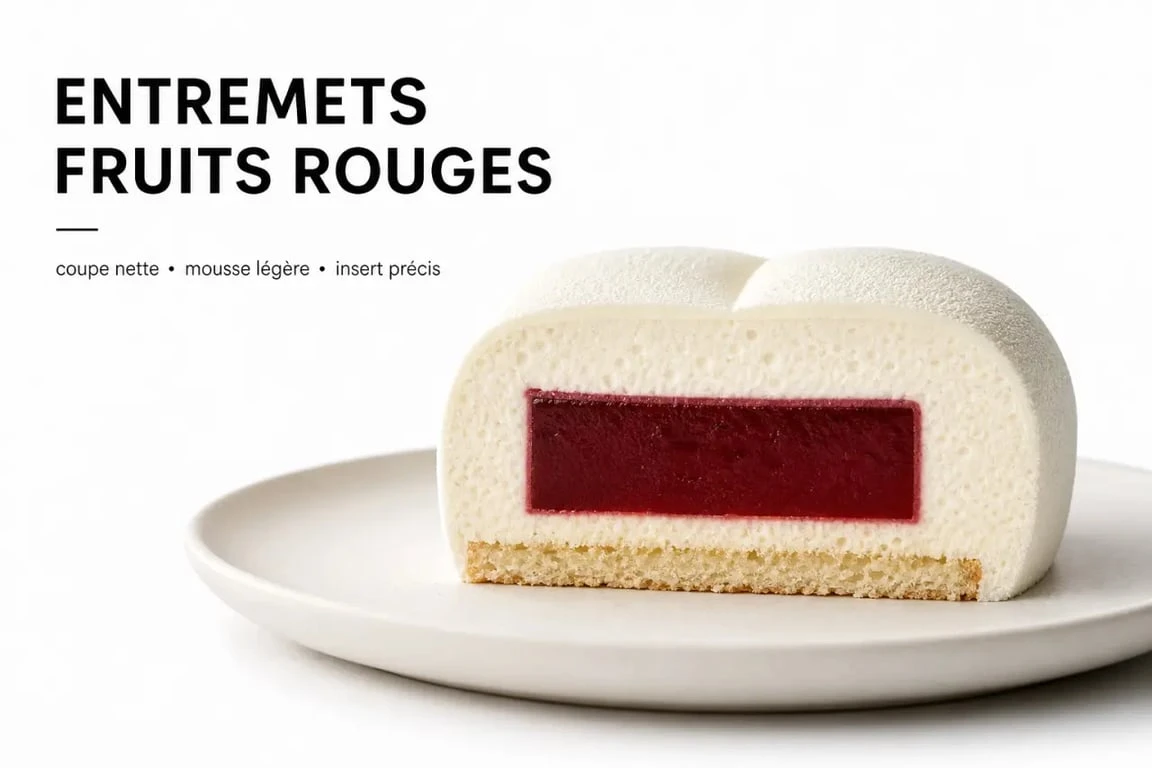 Gâteau avec insert aux fruits rouges réalisé maison, vue en coupe montrant la texture de la mousse et de l'insert