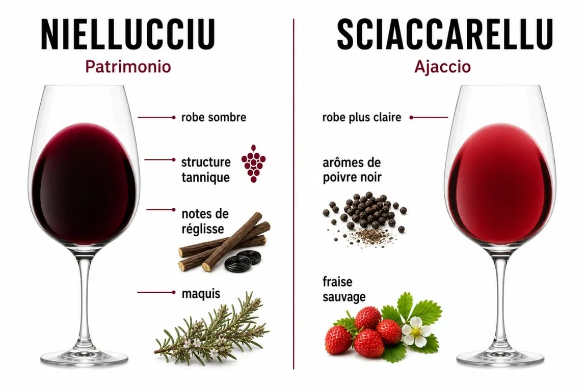 Comparaison des cépages Niellucciu et Sciaccarellu pour choisir le meilleur vin rouge corse