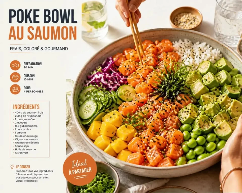 Grand Poke Bowl familial au saumon et mangue pour un repas froid entre amis