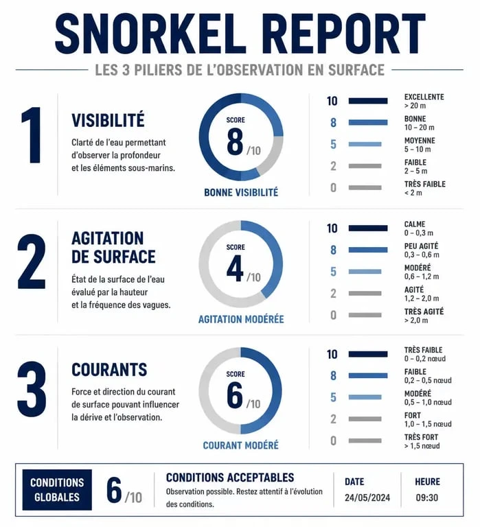 Infographie des indicateurs clés pour un snorkel report : visibilité, état de la mer et courants marins