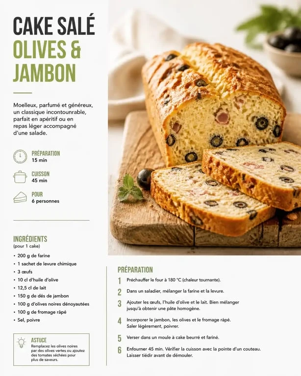 Cake salé aux olives et jambon, une recette salée facile et gourmande pour l'apéritif.