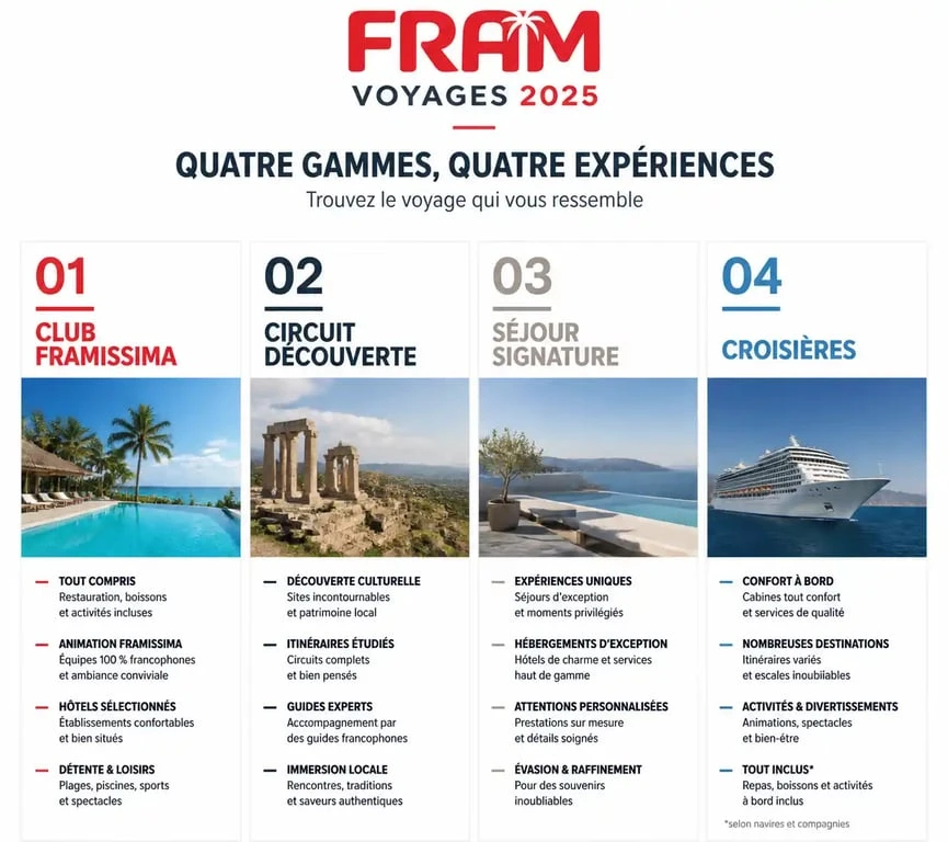 Infographie des offres du catalogue FRAM 2025 : clubs, circuits, séjours signature et croisières
