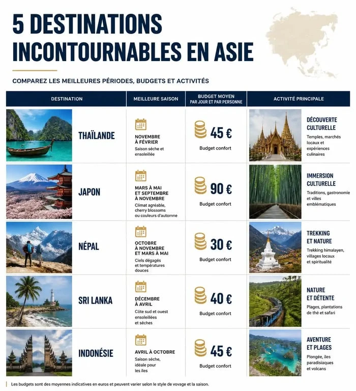 Tableau comparatif des meilleures destinations en Asie pour planifier son voyage