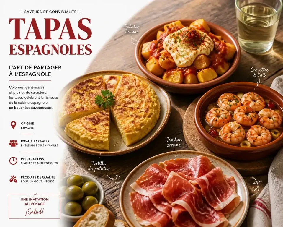 Assortiment de tapas espagnoles authentiques, incluant patatas bravas et tortilla, pour une recette de tapas espagnol conviviale.