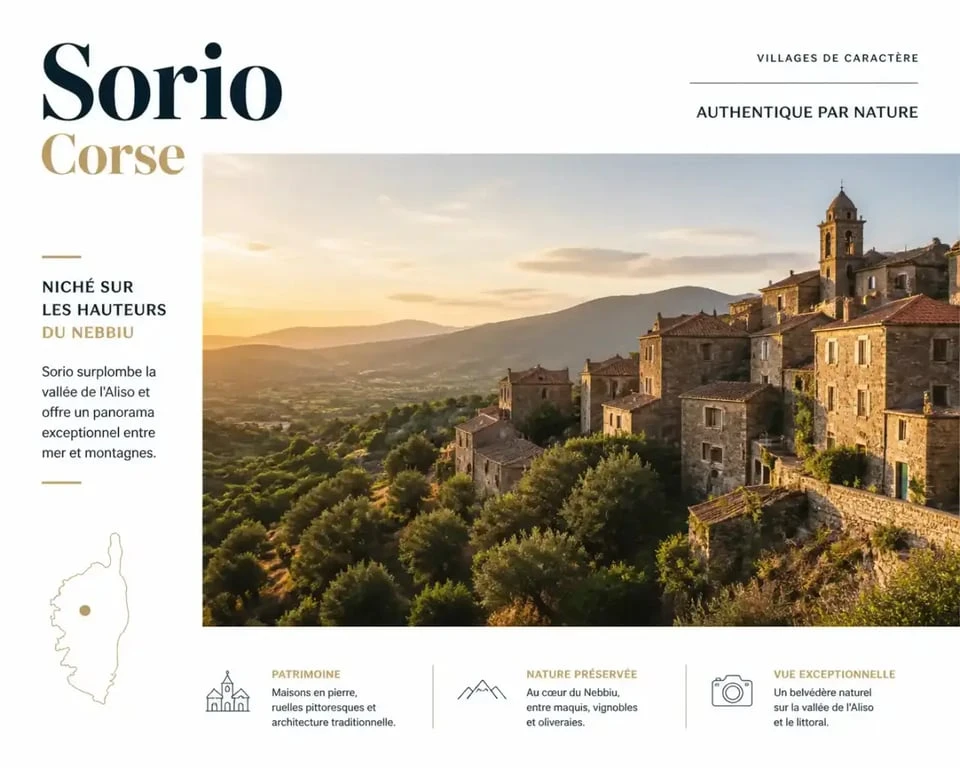 Vue panoramique du village de Sorio en Corse, un joyau patrimonial dans la microrégion du Nebbiu.