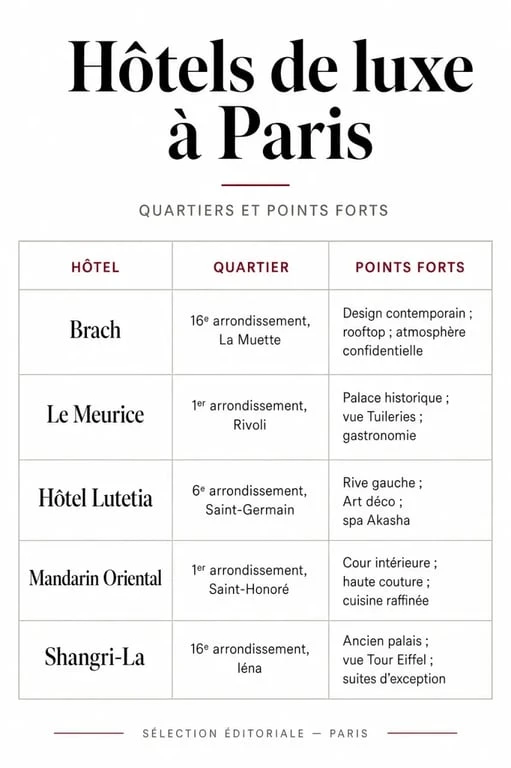 Tableau comparatif des meilleurs hôtels de luxe à Paris