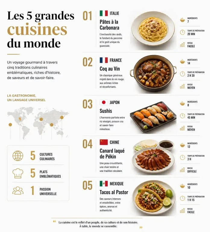 Infographie comparative des 5 grandes cuisines du monde : Italie, France, Japon, Chine et Mexique.