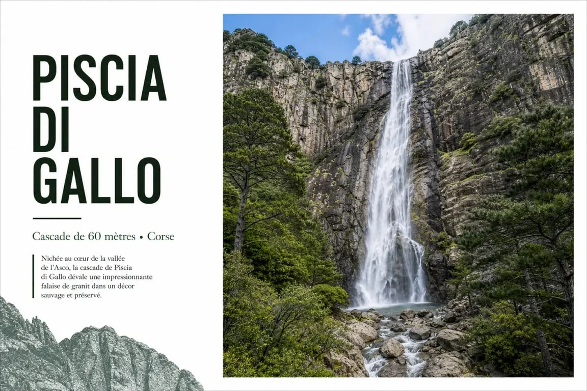 Vue spectaculaire de la cascade de Piscia di Gallo en Corse entourée de pins Laricio