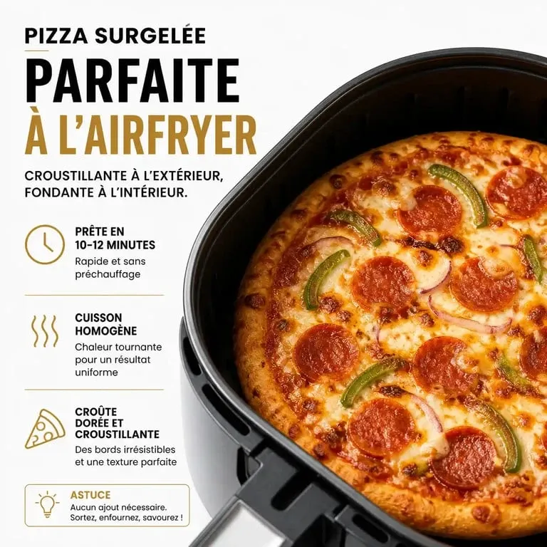 Pizza surgelée cuite à l'airfryer avec une croûte croustillante et fromage fondu
