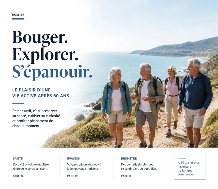 Groupe de seniors participant à un voyage organisé pour personnes seules, profitant d'une randonnée conviviale.