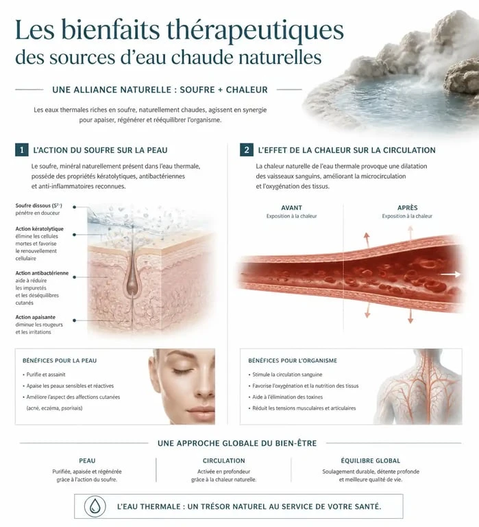 Infographie sur les bienfaits thérapeutiques d'un bain d'eau chaude naturelle pour la santé et la relaxation.