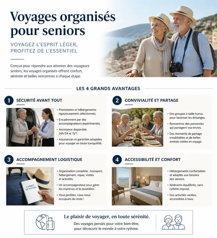 Infographie des avantages des voyages organisés pour personnes seules de 70 ans et plus