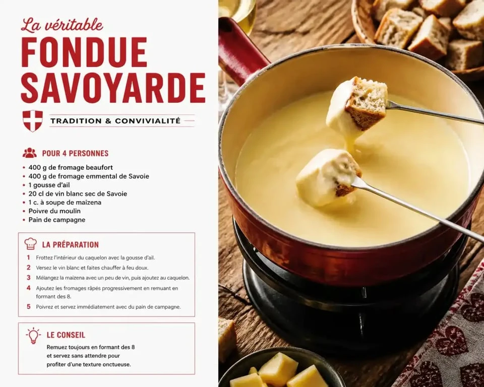 Fondue savoyarde traditionnelle avec 1kg de fromage et vin blanc