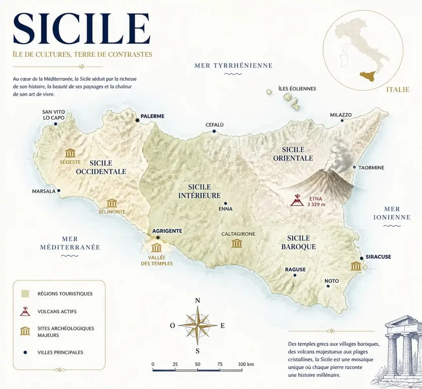 Carte touristique de la Sicile illustrant les principaux sites à visiter pour un voyage.