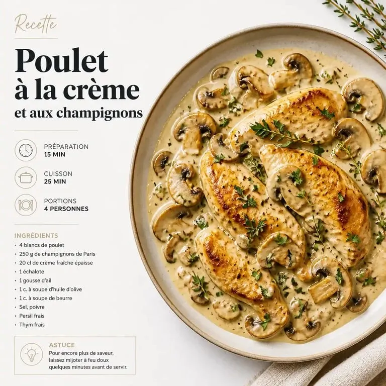 Poulet à la crème et aux champignons, une alternative savoureuse pour remplacer le vin blanc dans vos recettes